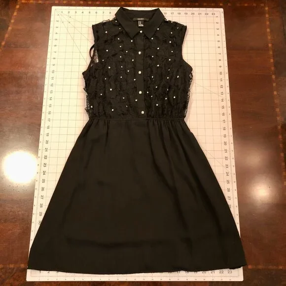 Black Dress Rhinestone Embellishment Embroidered Lace Size M Forever 21 Evening - Picture 14 of 16